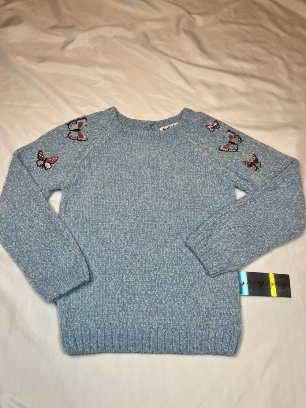 Derek Heart Soft Light Blue Long Sleeve Sweater Embroidered Butterfly Shoulder